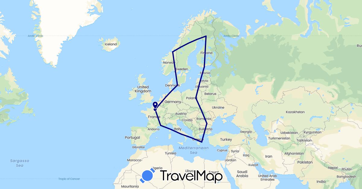 TravelMap itinerary: driving in Denmark, Finland, France, Greece, Italy, Norway, Poland, Romania (Europe)